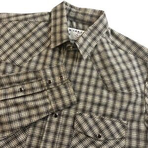 Vtg Crazy Cowboy Men Large Western Plaid Snap Front Shirt Black Tan‎ Long Sleeve
